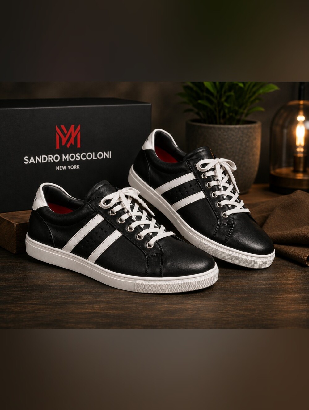 Sandro Moscoloni Men's Black and White Low-Top Leather Sneaker-NIB-Size 13